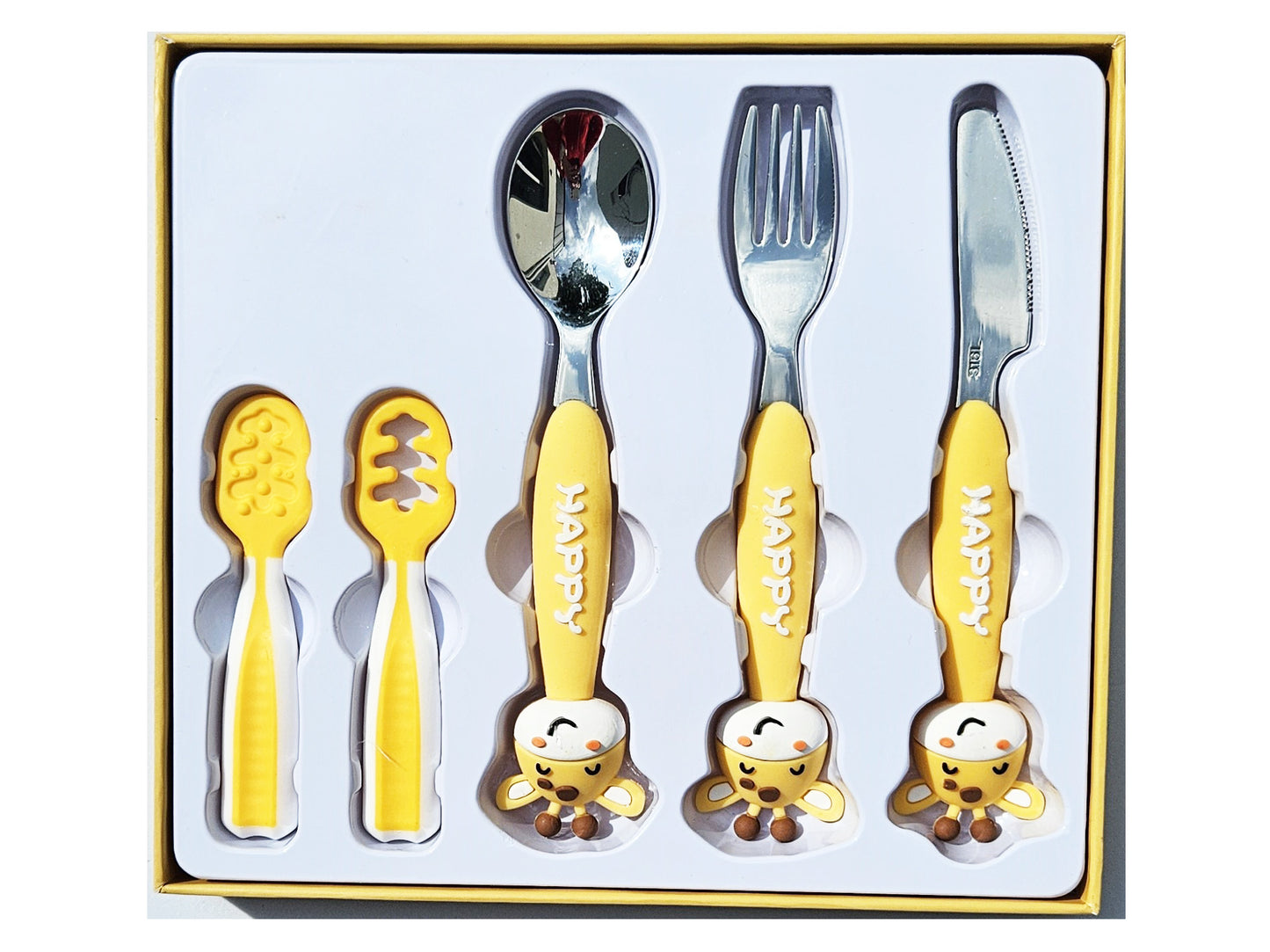 Couverts Bébé 6M+ – Set 5 Pièces en Silicone Alimentaire et Acier Inoxydable