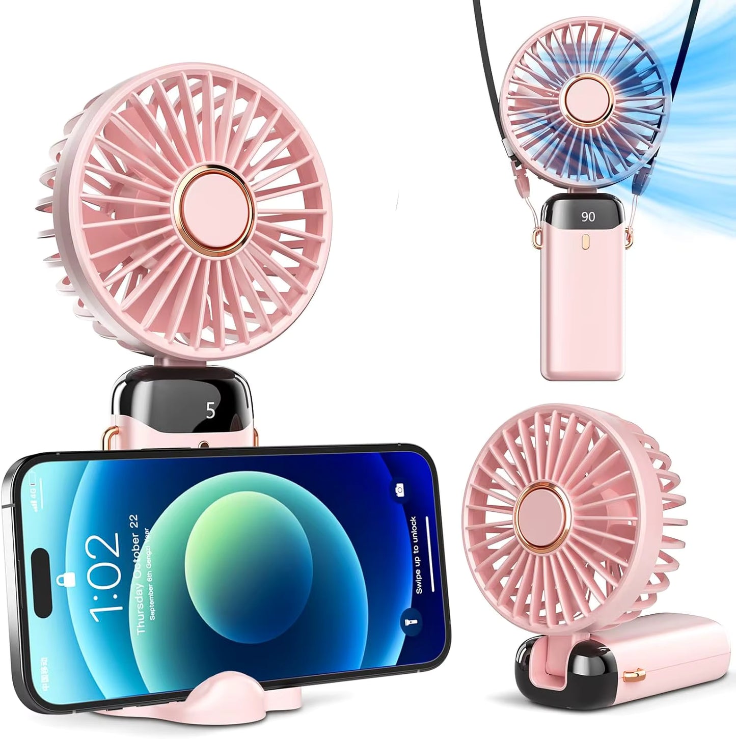 Ventilateur Portable Rechargeable 3000mAh | 5 Vitesses, Écran LED & Jusqu'à 24h d'Autonomie