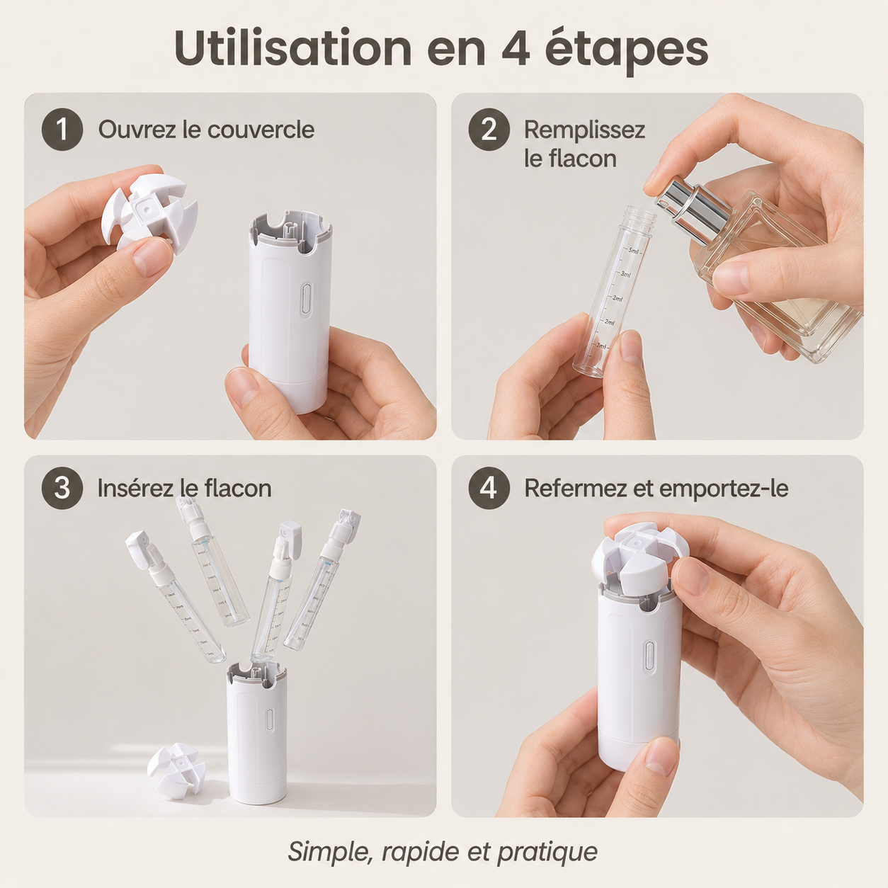Kit de Flacons de Voyage 4 en 1 Rechargeables