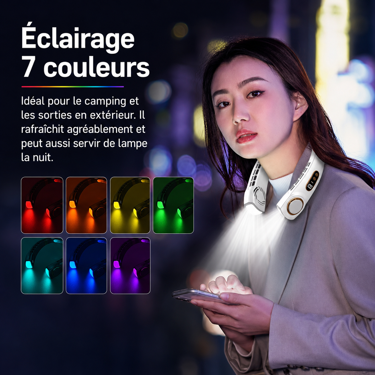 Ventilateur de cou portable sans pales avec plaque de refroidissement LED – Rechargeable USB 4000 mAh