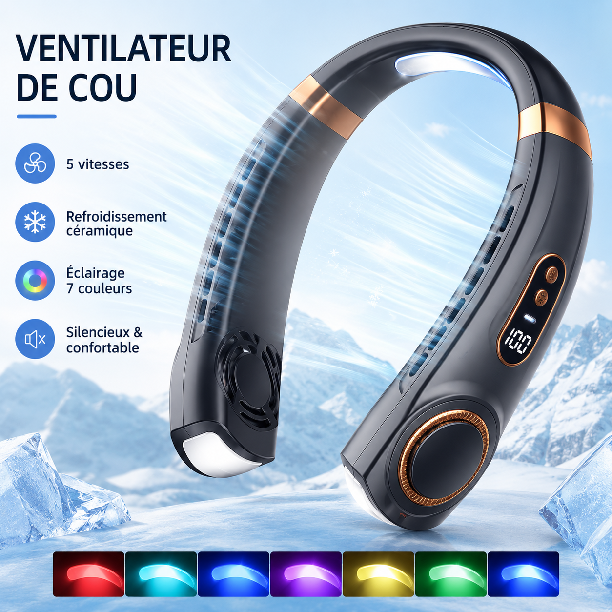 Ventilateur de cou portable sans pales avec plaque de refroidissement LED – Rechargeable USB 4000 mAh
